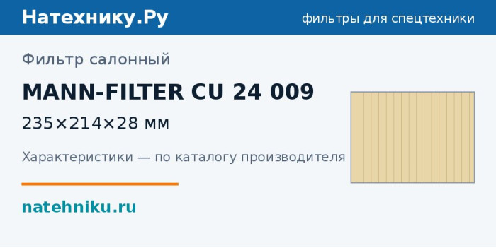 Фильтр салонный MANN-FILTER CU 24 009 — 235×214×28 мм