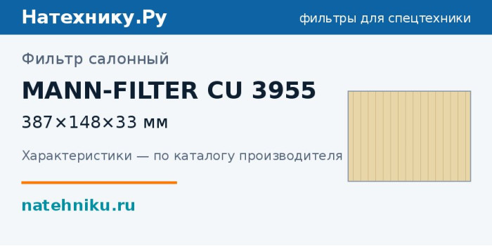 Фильтр салонный MANN-FILTER CU 3955 — 387×148×33 мм