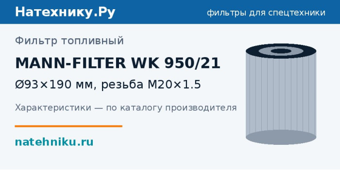 Фильтр топливный MANN-FILTER WK 950/21 — Ø93×190 мм, резьба M20×1.5